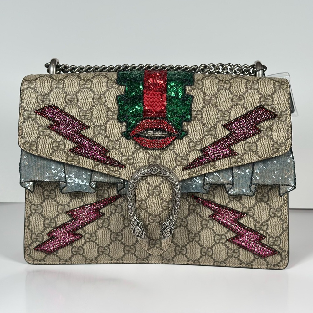 Authentic Gucci Dionysus GG Supreme Shoulder Bag w/ Crystal Embellishment